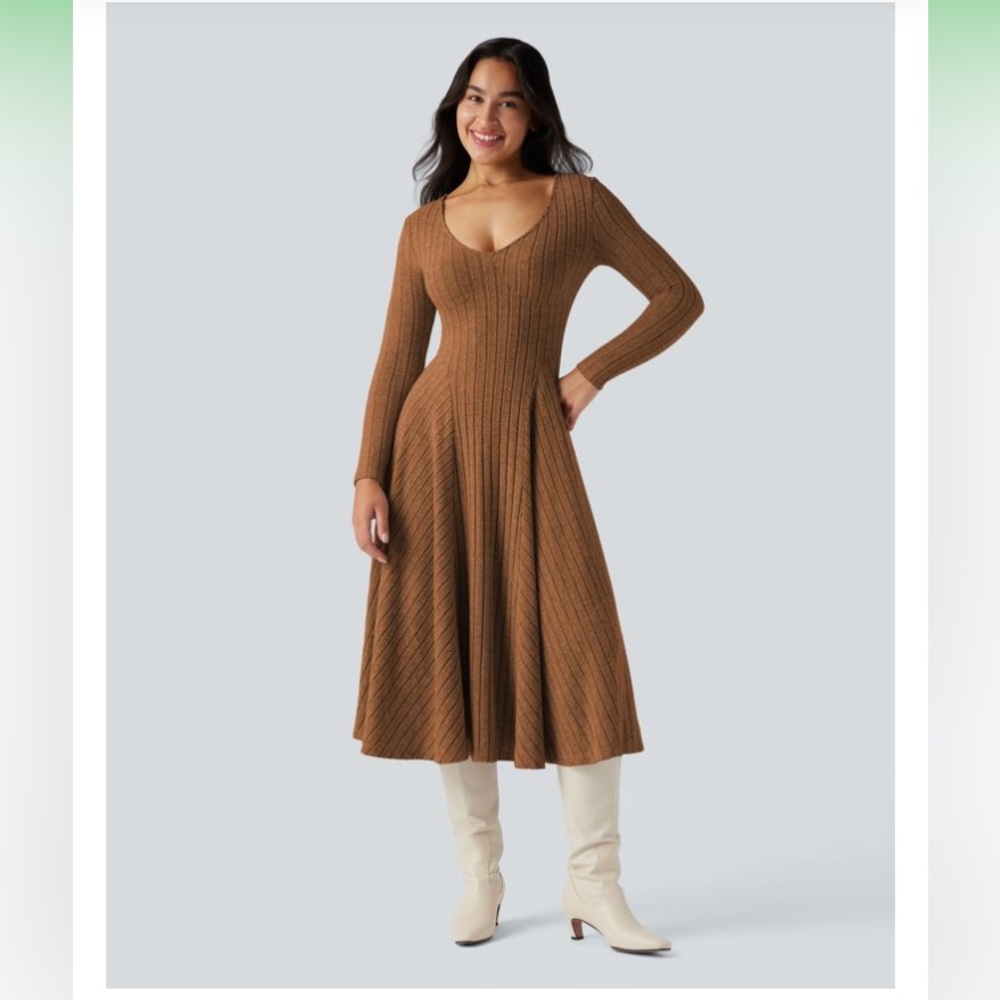 HALARA Ribbed Scoop-Neck Long-Sleeve Midi Dress in Orange Floral Velvet